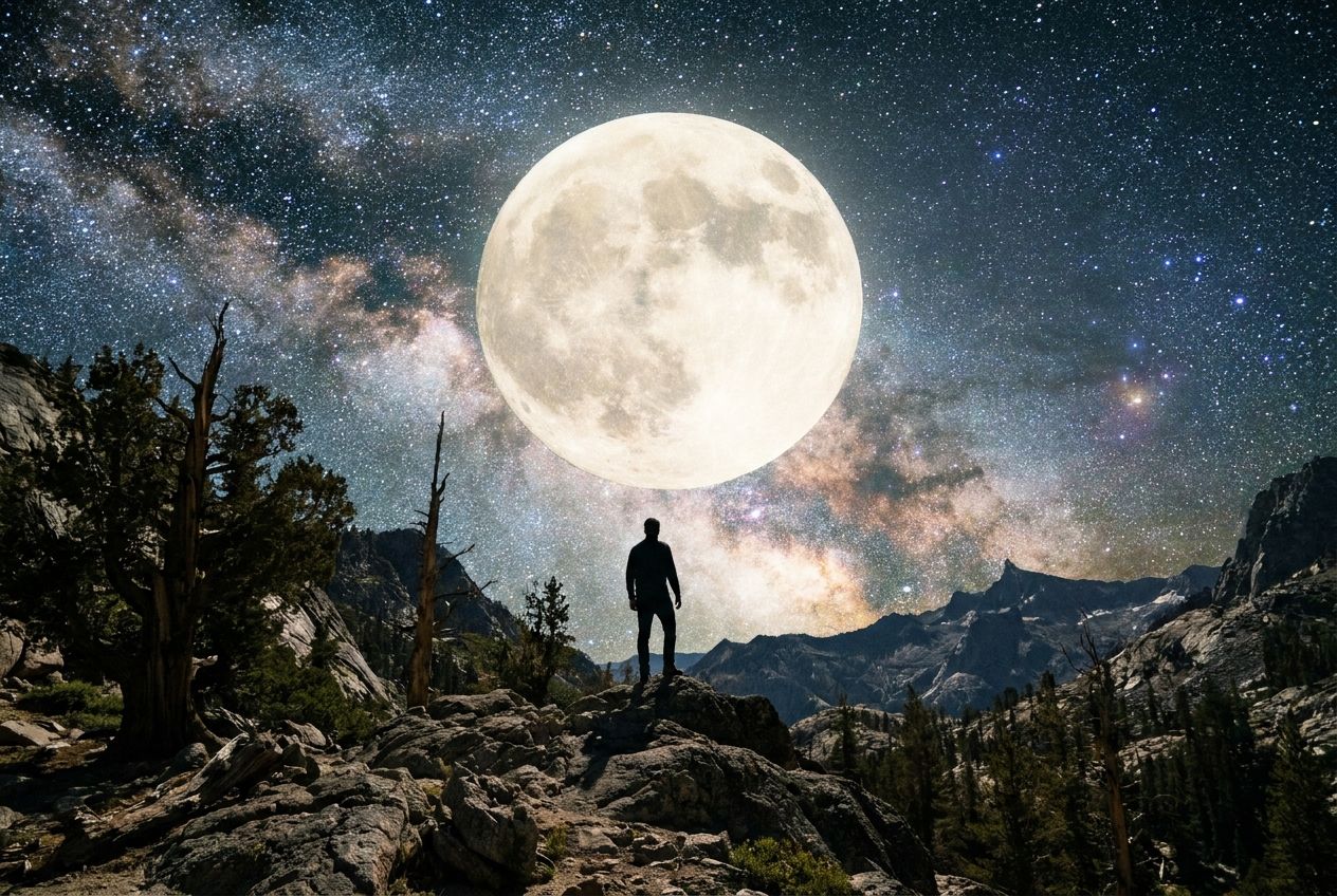 A lone figure stands in silhouette, gazing up at a vast, dramatic night sky filled with a prominent, luminous full moon and shimmering stars. The scene evokes a deep sense of wonder and connection to the cosmos, composed for a 3:2 landscape frame.