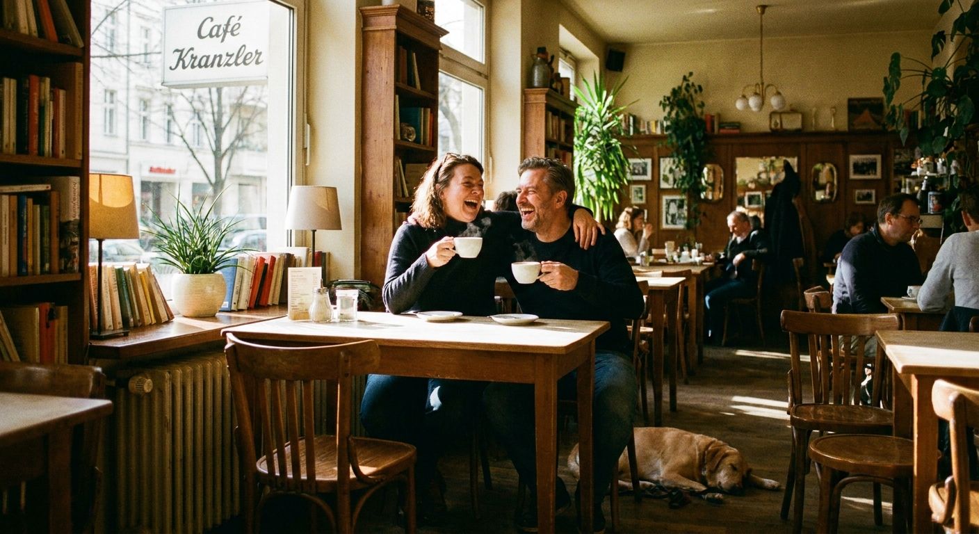 A candid photograph of two friends laughing and sharing a warm moment over coffee in a cozy German cafe, sunlight streaming through the window and highlighting their expressive, friendly faces.