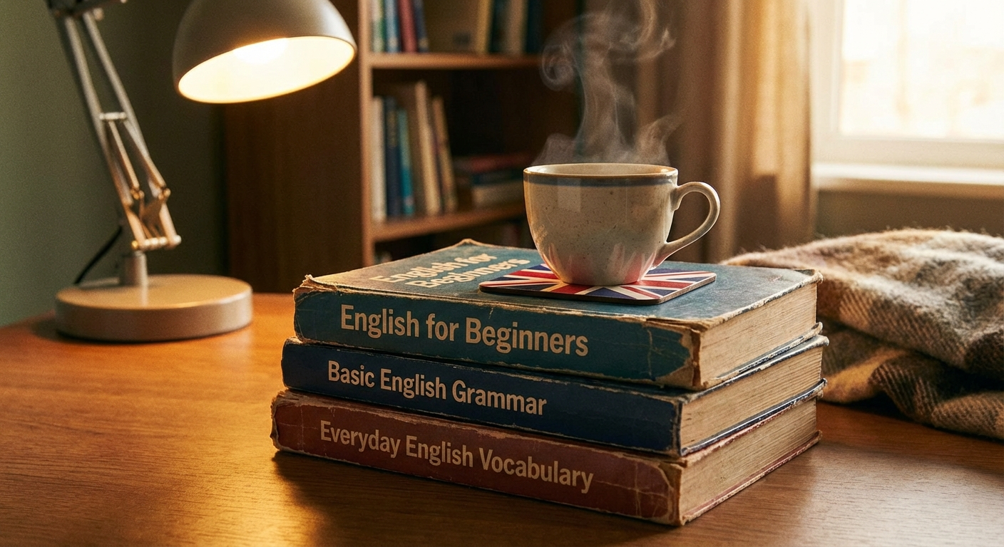 A photo of a stack of well-worn language textbooks with titles visible: "English for Beginners", "Basic English Grammar", and "Everyday English Vocabulary". A steaming cup of tea sits on top of the books, with a British flag coaster underneath. The scene is warmly lit, suggesting a cozy study environment.