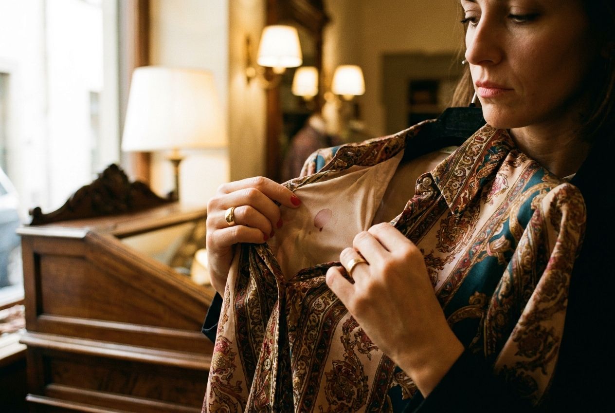 A dramatic close-up photograph of a stylish Italian woman's hands holding a beautiful, new silk blouse in an elegant Italian boutique. A subtle but noticeable stain mars the fabric, and her expression conveys mild disappointment, capturing the moment of discovering a defective purchase. The scene is bathed in soft, inviting light, composed for a 3:2 landscape frame.