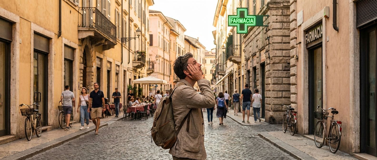 A person, slightly overwhelmed, pauses on a beautiful, sun-drenched cobblestone street in an Italian city, gently touching their temple as they look towards a vibrant green 'Farmacia' cross sign in the distance. The scene is a vivid photograph capturing the architectural charm of Italy in a wide, horizontal frame.