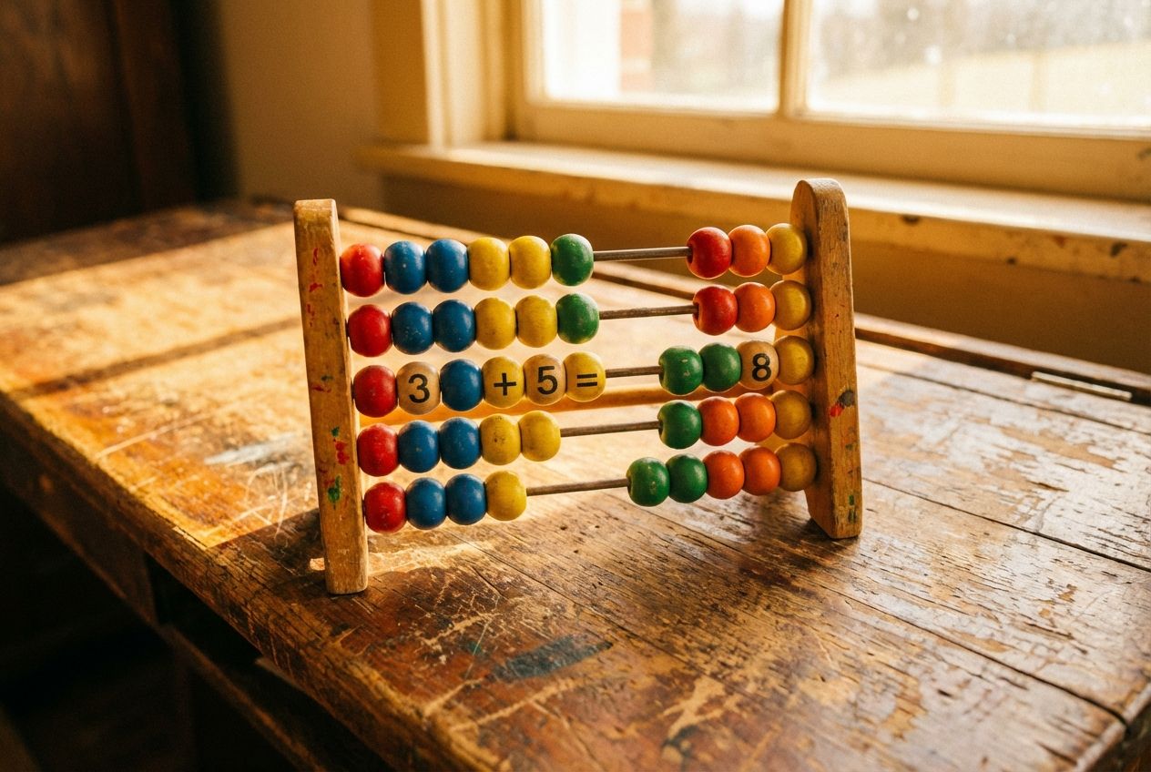 A close-up photograph of a vintage abacus with brightly colored beads, resting on a worn wooden desk illuminated by warm, inviting sunlight. The focus is on the center of the abacus, where the beads are arranged to represent a simple math equation, symbolizing the core number skills being taught.