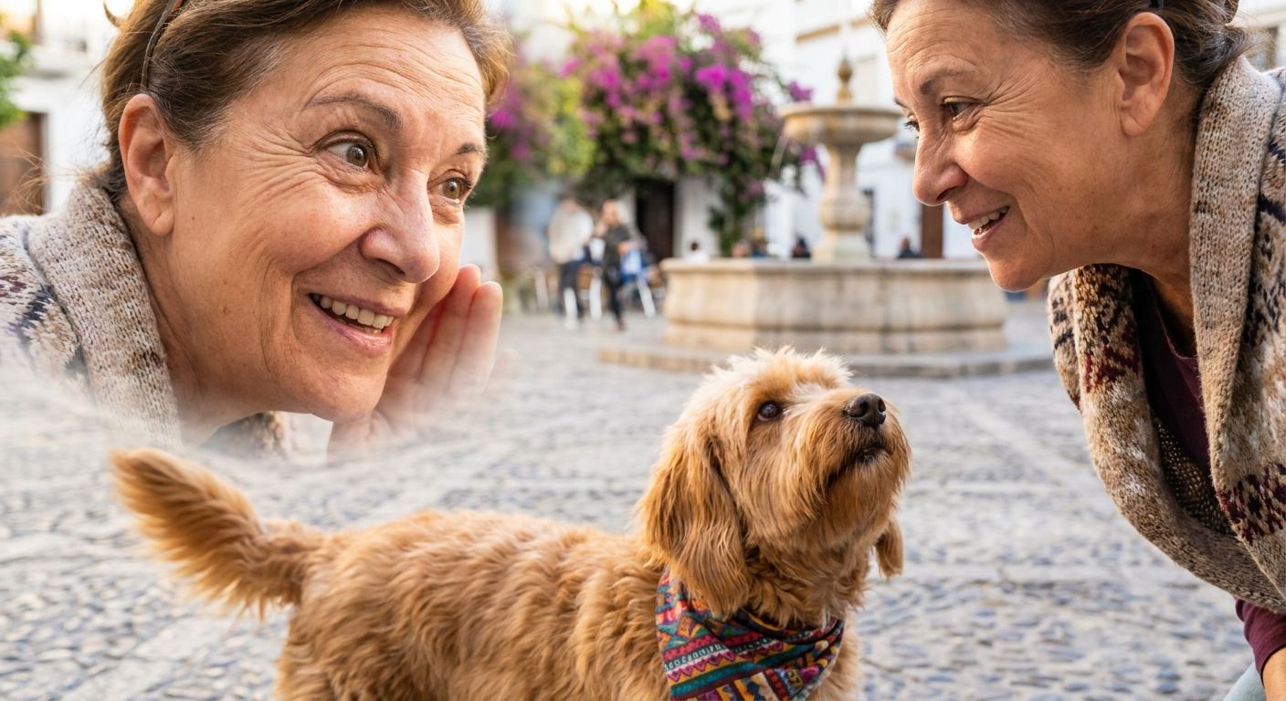 A vivid, close-up photograph of a Spanish person's face (a woman or man) with a look of pure delight and surprise, their eyes wide and a slight smile, as if exclaiming 'Qué bonito!'. They are looking down at a beautiful, fluffy dog wearing a colorful bandana, in a sun-drenched Spanish plaza, with the background softly blurred to emphasize the expressive reaction.