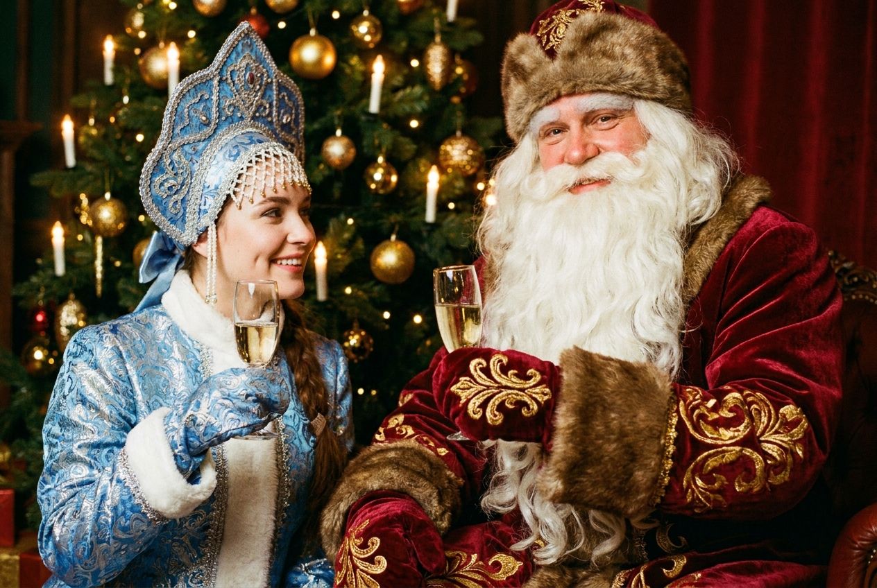A warm, festive close-up photograph of a traditionally dressed Russian Дед Мороз (Grandfather Frost) and Снегурочка (Snow Maiden) raising a glass of champagne, their faces lit by the soft glow of a decorated fir tree in the background. The scene is rich with deep reds and gold, composed for a 3:2 landscape frame.