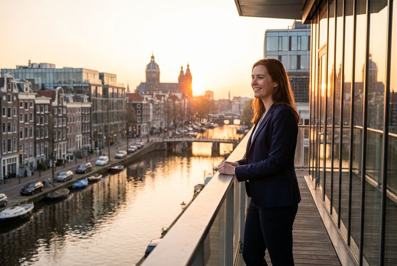 A confident young professional, dressed in modern business attire, stands looking towards a vibrant, modern Amsterdam cityscape during golden hour. The iconic Dutch architecture and canals are visible in the soft, warm light, suggesting new opportunities and ambition in a 3:2 landscape photograph.