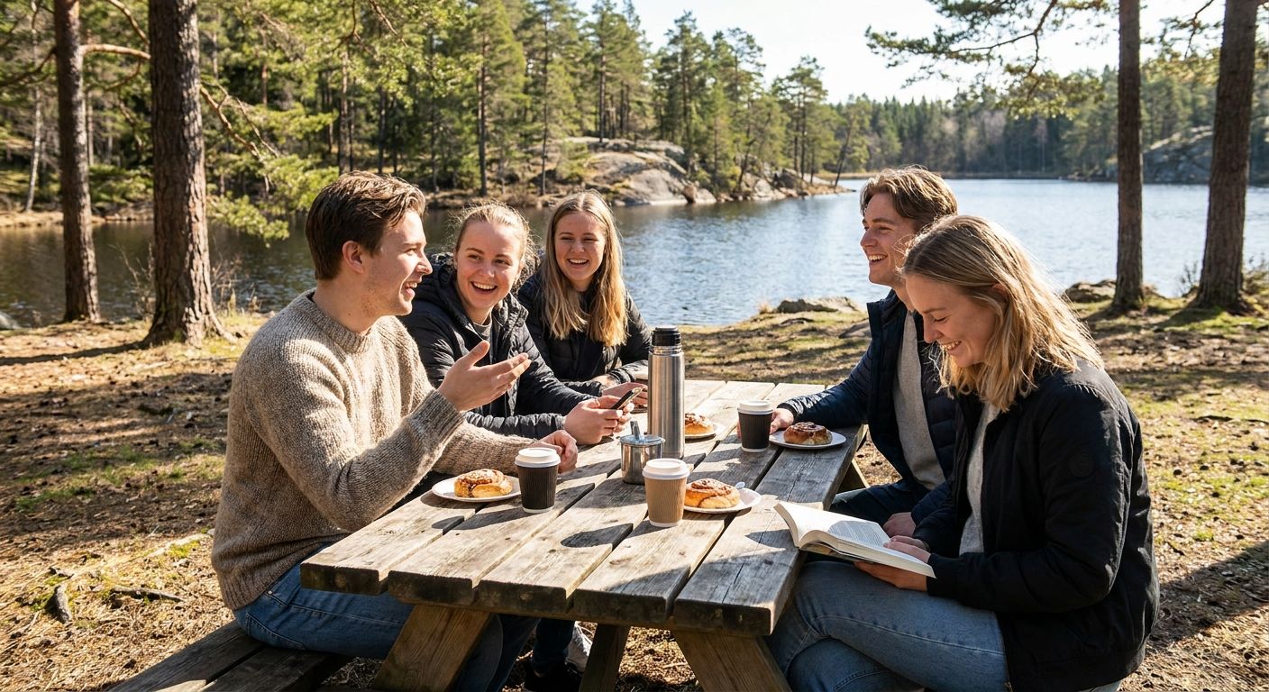 A candid, vibrant photograph captures a group of young Swedes enjoying fika outdoors on a sunny day, sitting at a wooden table in a picturesque park or by a lake. They are engaged in lively conversation, with one person casually holding a book or a smartphone, embodying everyday actions like speaking, reading, and living in Sweden.