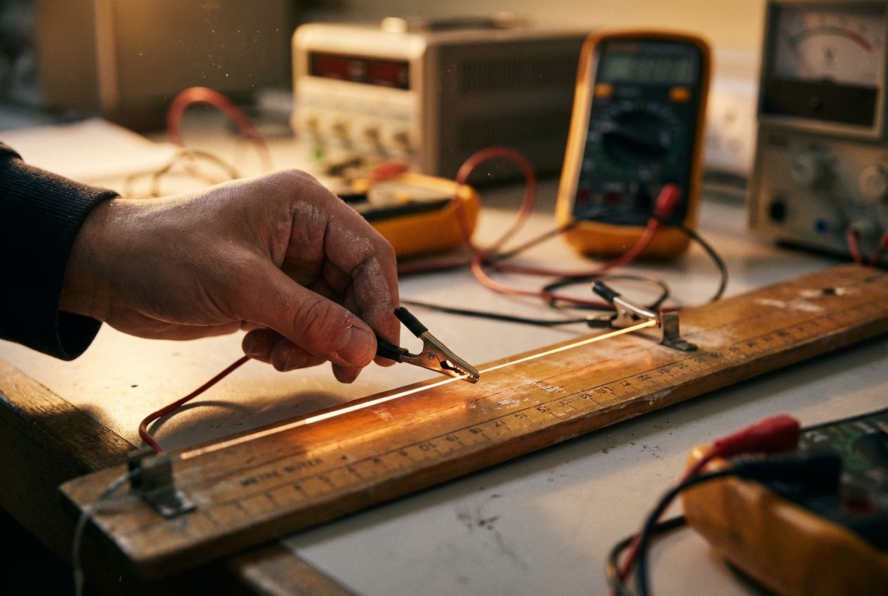 A dramatic, close-up photograph of a physics experiment in progress, composed for a 3:2 landscape. A length of resistance wire is precisely stretched across a wooden metre ruler on a laboratory workbench. A student's hand, partially visible, is carefully adjusting a metallic crocodile clip along the wire, while another clip is already secured. In the softly blurred background, electrical meters and connecting wires are visible, capturing the meticulous nature of scientific measurement.