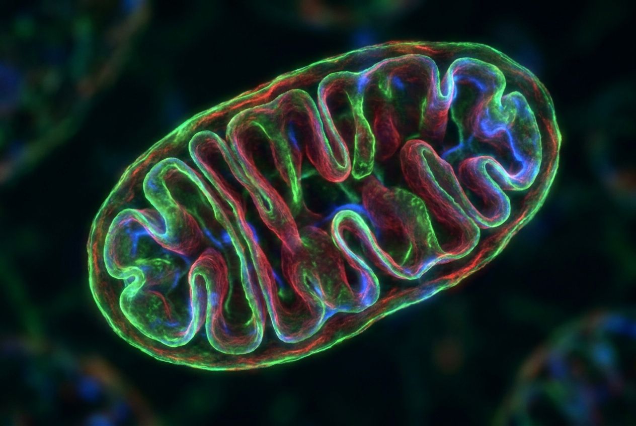 A dramatic, extreme close-up photograph of a single, vibrant mitochondrion, revealing its intricate inner membranes and cristae with astonishing clarity and detail, as if illuminated by powerful scientific imaging. The focus is sharp, highlighting the complex biological structure in a 3:2 landscape frame.