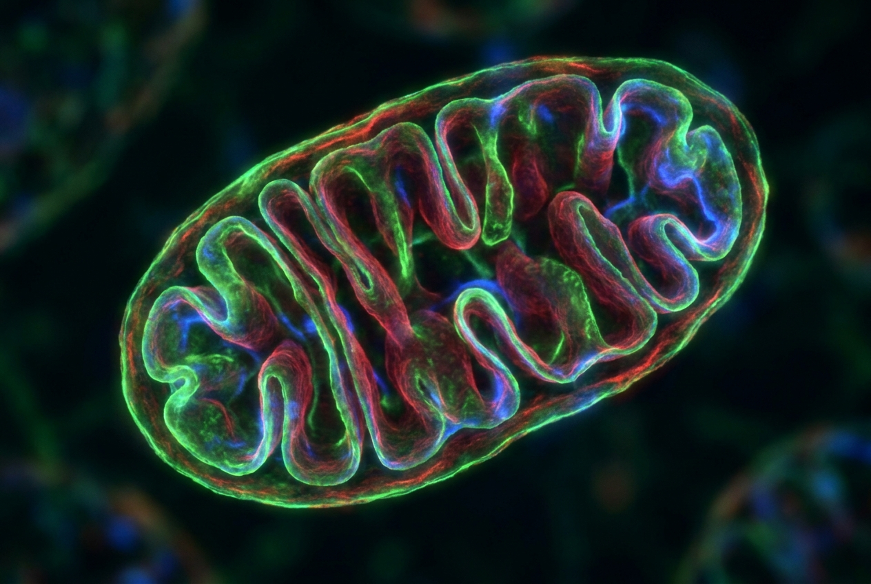 A dramatic, extreme close-up photograph of a single, vibrant mitochondrion, revealing its intricate inner membranes and cristae with astonishing clarity and detail, as if illuminated by powerful scientific imaging. The focus is sharp, highlighting the complex biological structure in a 3:2 landscape frame.