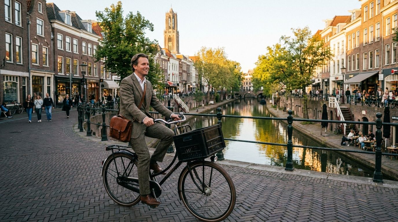 A vivid, wide-angle photograph of a person confidently cycling a classic Dutch bicycle along a picturesque canal in Amsterdam or Utrecht, with historic gabled buildings reflecting in the water. The scene is bathed in warm, golden hour light, evoking a sense of calm accomplishment.