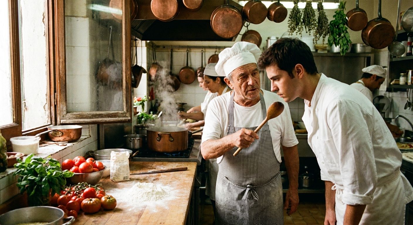 A vibrant, candid photograph inside a bustling, traditional Italian kitchen. An experienced Italian chef, with a focused expression, gestures decisively with a wooden spoon while giving a direct instruction to a younger apprentice who is attentively watching. Sunlight streams through a window, highlighting fresh ingredients on a wooden counter, capturing the essence of giving and receiving commands in an active, hands-on environment.