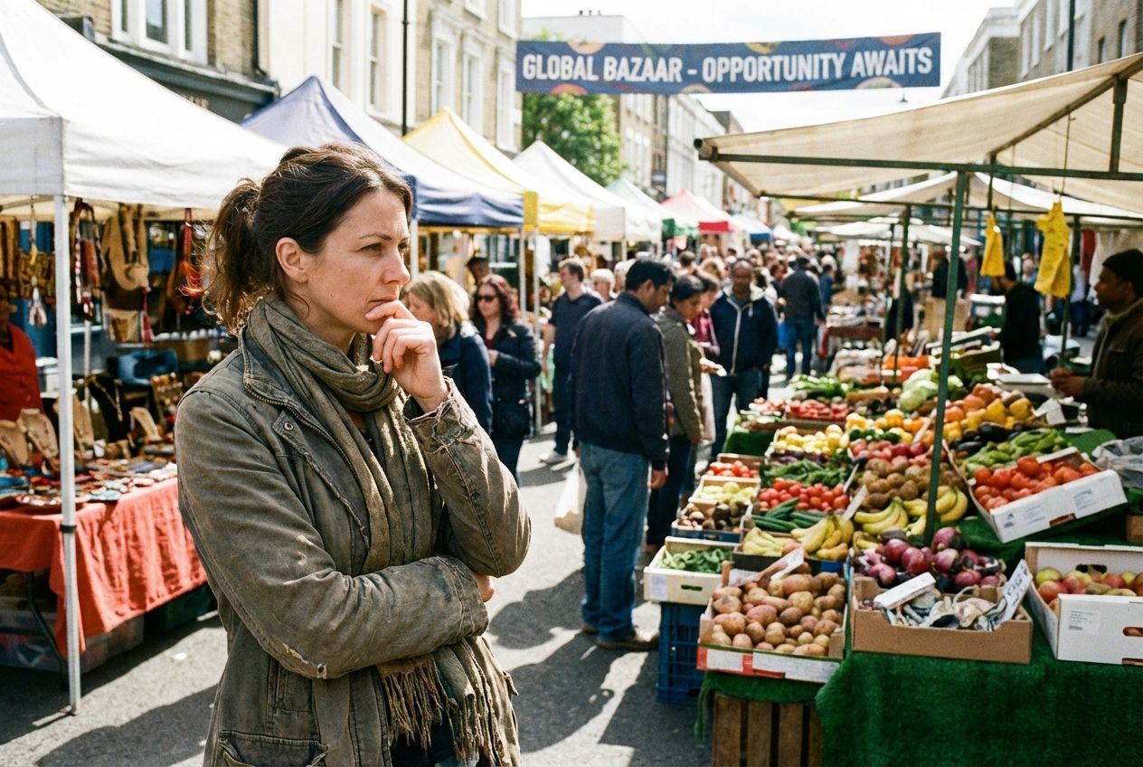 A wide-angle, vibrant photograph captures a thoughtful entrepreneur observing the bustling activity of an outdoor street market. Their gaze, subtly analytical, sweeps across diverse stalls and customer interactions, hinting at the search for unmet needs and new opportunities amidst the competition. The scene is rich with colorful produce, unique crafts, and lively human connection, composed for a 3:2 landscape frame.