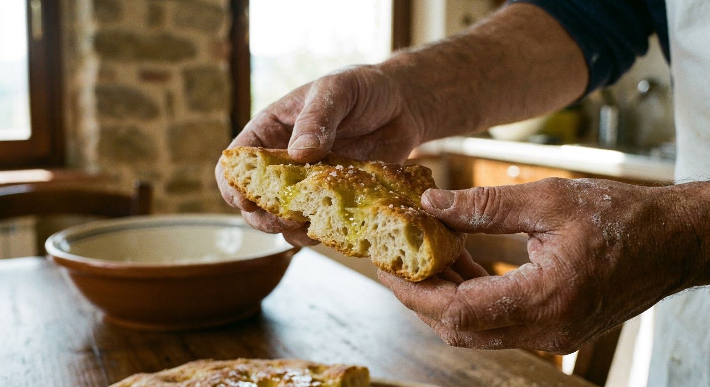 A rustic, close-up photograph captures a pair of hands gently presenting a warm, crusty piece of focaccia bread, lightly drizzled with olive oil. The background suggests a sun-drenched Italian kitchen or a simple picnic table, with soft, natural light illuminating the textures of the bread and the inviting gesture.