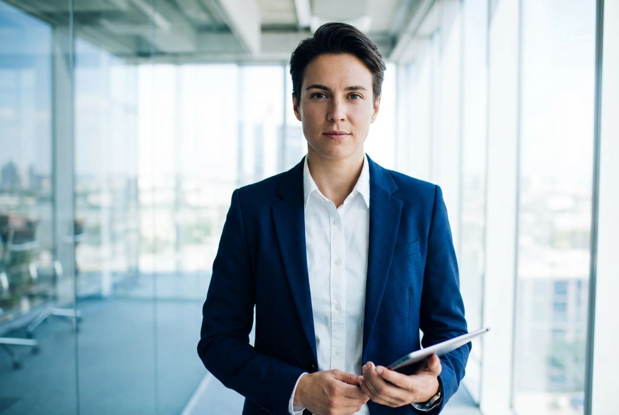 A confident professional in smart business attire stands poised and ready, looking directly forward with a powerful, self-assured gaze. The setting is a brightly lit, modern executive office or interview room, subtly blurred in the background to emphasize the individual's commanding presence. Professional photograph, 3:2 landscape.
