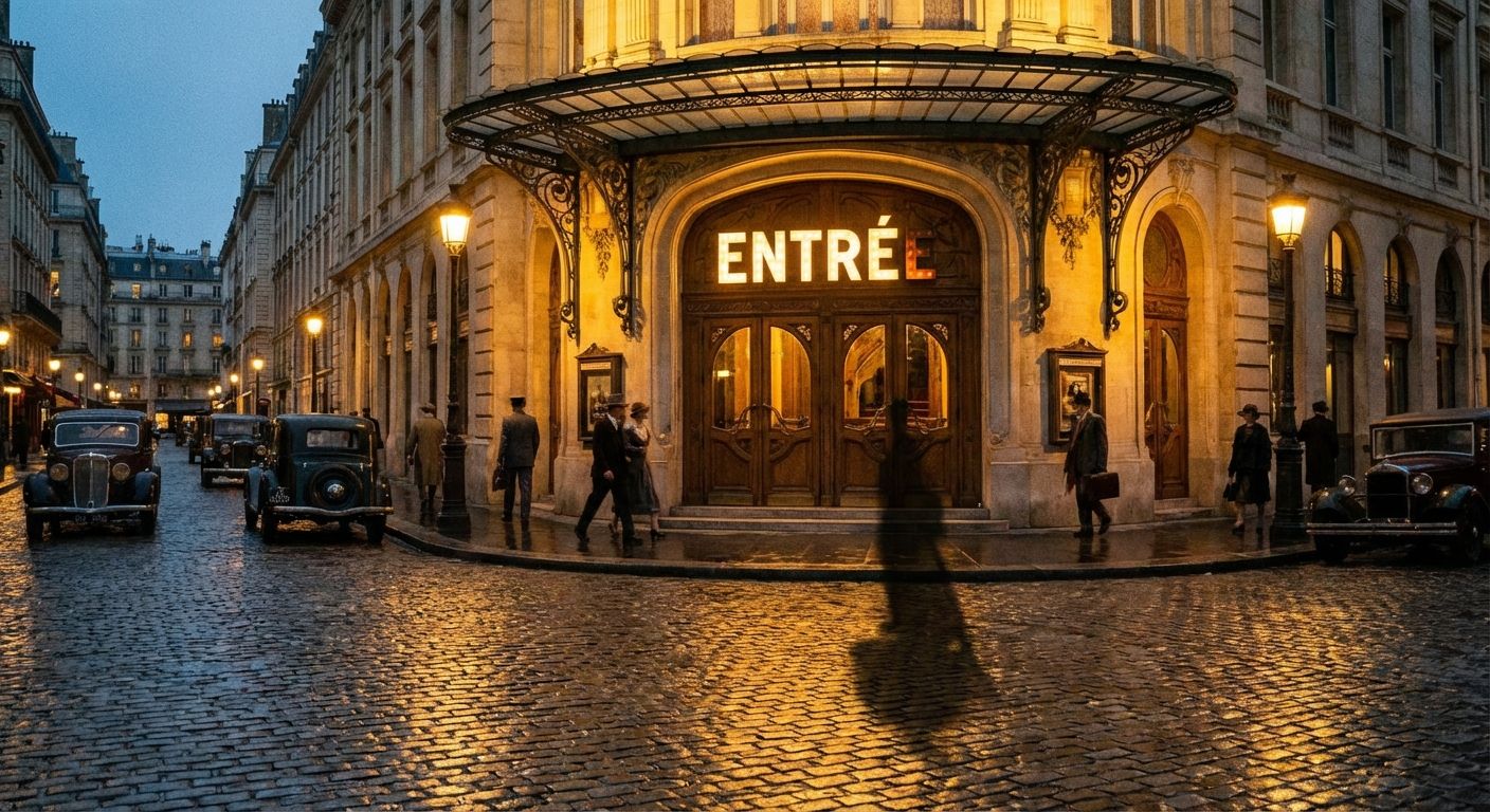 This image evokes a vintage, cinematic feel, reminiscent of 1920s Paris. The scene is set on a wet, cobblestone street at dusk, with the golden light from ornate street lamps and the "ENTRÉE" sign illuminating the building's entrance reflecting on the ground. Classic cars line the street, and people in period attire stroll along the sidewalks. The building is a large, stone structure with intricate architectural details. The color palette consists of warm golds and yellows contrasting with the cool blues and grays of the sky and wet street. The composition emphasizes the depth of the street and the grand architecture.