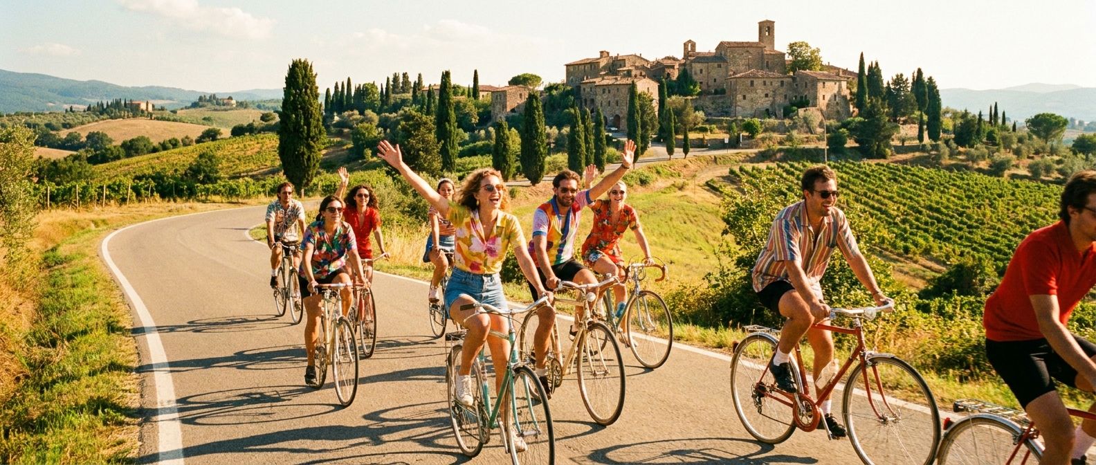 A vibrant, wide-angle photograph of a group of friends joyfully cycling along a scenic road through the sun-drenched Tuscan countryside. Rolling hills, cypress trees, and an ancient stone village are visible in the background, capturing the essence of Italian leisure and outdoor activity.