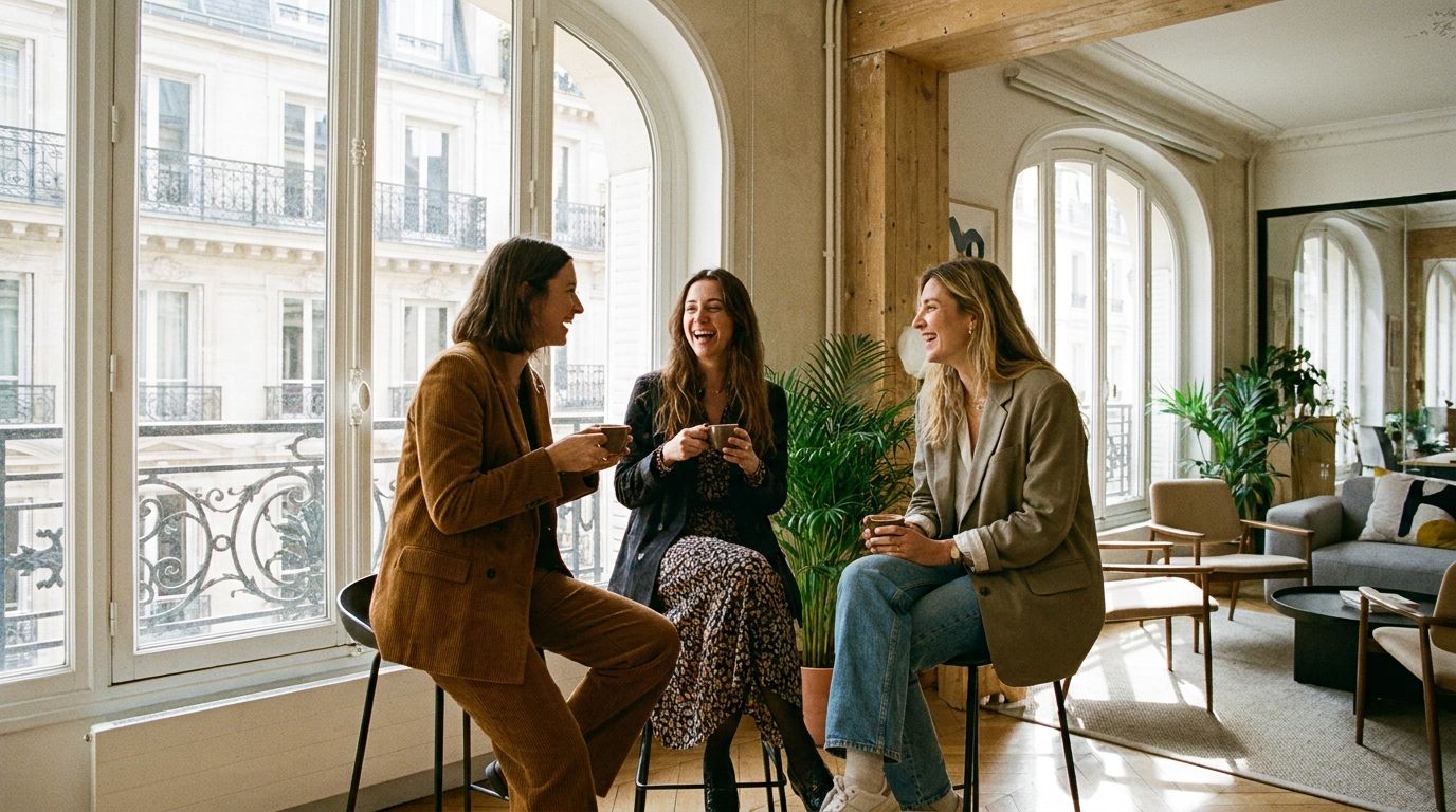 A candid, wide-angle photograph of three stylishly dressed colleagues sharing a relaxed moment during a coffee break in a chic, modern Parisian co-working space. Sunlight streams through large windows, revealing a subtle architectural detail of classic Haussmannian buildings in the background, conveying a sense of professional yet comfortable collaboration.