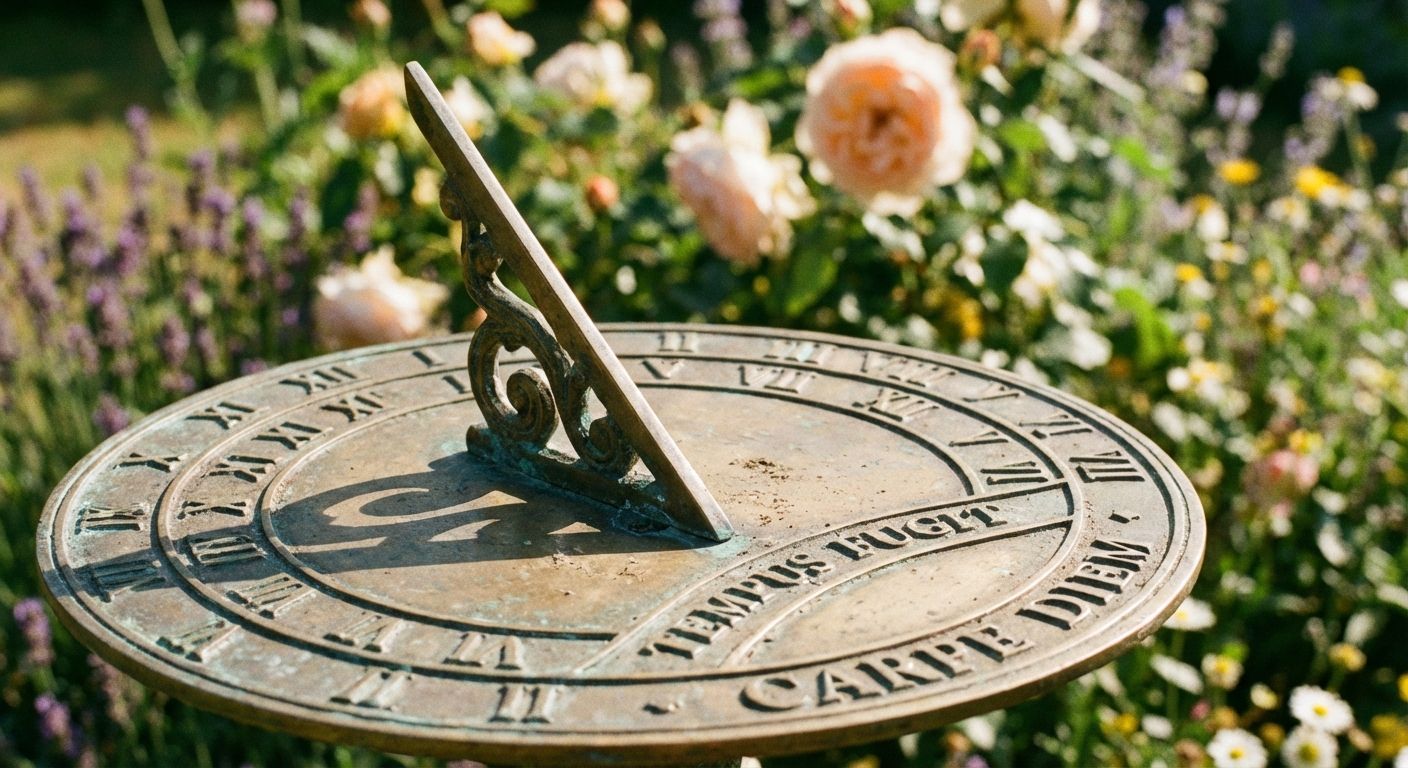 A close-up photograph of an ornate vintage brass sundial positioned in a sun-drenched garden, with soft morning light casting a sharp shadow across the engraved numerals. The background features a soft bokeh of seasonal flowers in bloom, evoking the passage of time and the changing seasons.