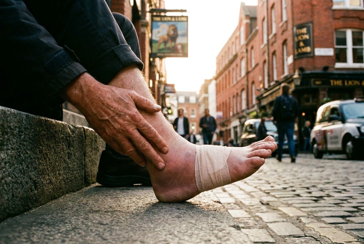 A dramatic close-up photograph of a person's hand gently touching their visibly swollen and slightly bandaged ankle, as they sit on a concrete step in a bustling British city. In the soft-focus background, iconic red brick architecture and a glimpse of a traditional British pub sign are visible, bathed in warm, late afternoon sunlight, composed for a 3:2 landscape frame.