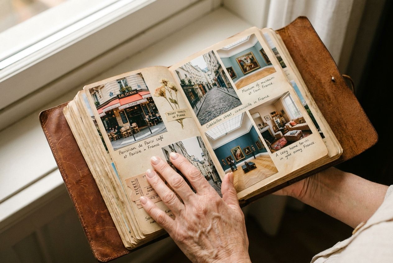 A close-up, top-down photograph of elegant hands gently turning the pages of a vintage, leather-bound photo album. The open album displays a collage of small, vivid photographs from a recent trip to France: a cozy Parisian cafe, a charming street scene, a museum interior, and a quiet moment at home. The scene is bathed in soft, warm light, evoking a sense of nostalgic reflection on past events, suitable for a 3:2 landscape frame.