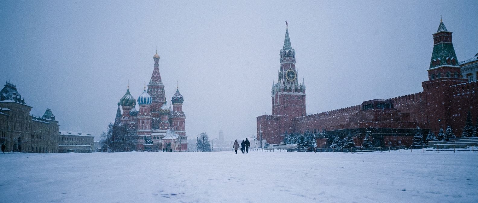 A wide, low-angle photograph of a snow-covered Red Square in Moscow, heavy snowflakes gently falling, blanketing the ground and the iconic domes of St. Basil's Cathedral. The light is soft and diffused under an overcast sky, casting cool blue tones on the scene, with a few bundled figures in the mid-distance.