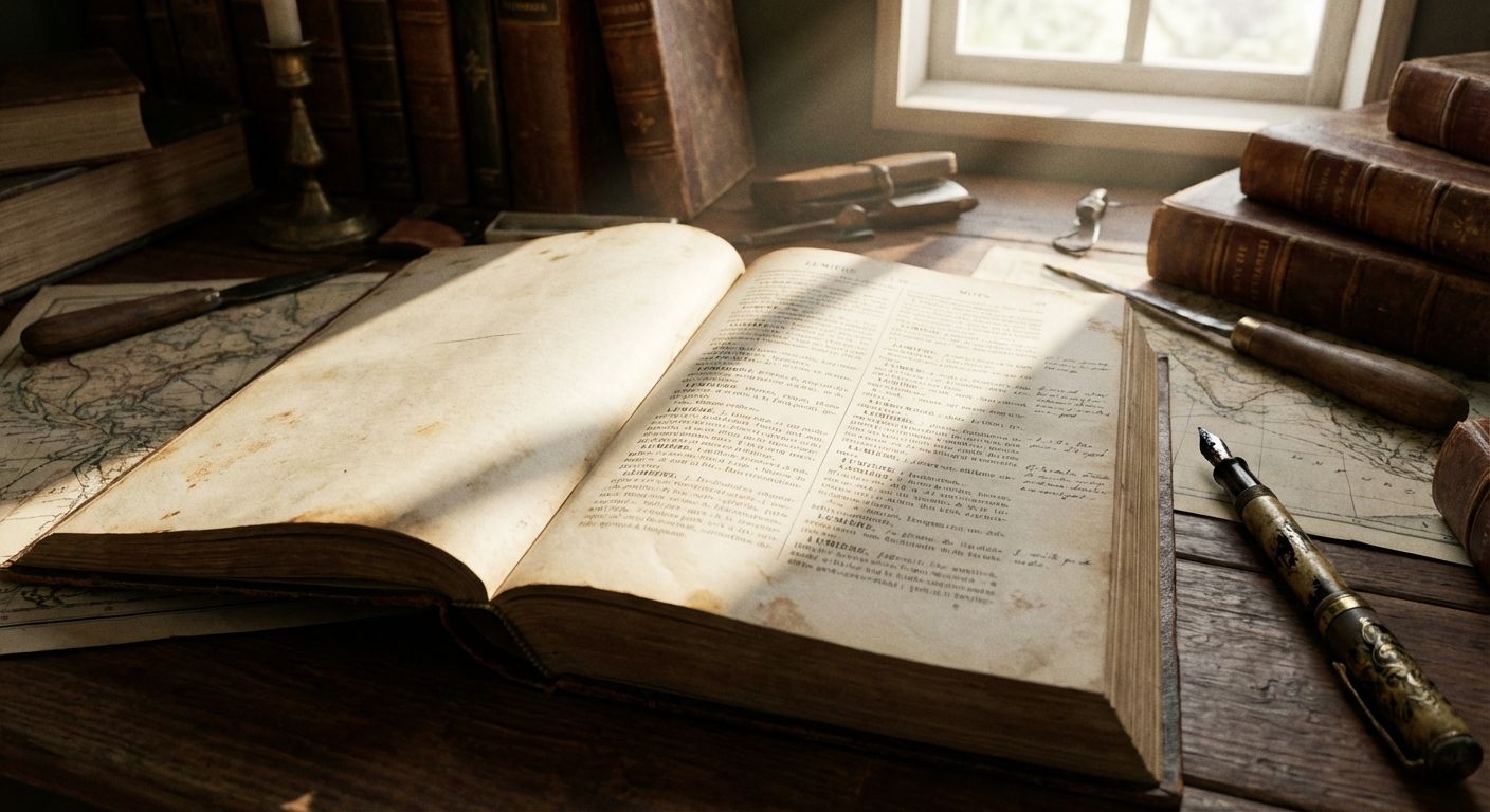 The image features a scholarly, vintage aesthetic with warm, earthy tones dominating the scene. An open, aged book is the focal point, bathed in soft, natural light streaming from a window. Surrounding the book are stacks of leather-bound books, a vintage ink pen, and a map, adding to the theme of exploration and knowledge. The composition is carefully arranged, with objects like a candle and a letter opener placed to create depth and interest. The style evokes a sense of history and intellectual pursuit.