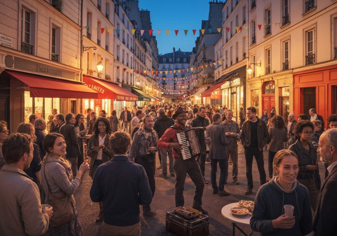 A candid wide-angle photograph capturing the lively 'vie de quartier' (neighbourhood life) during a vibrant 'fête de quartier' (neighbourhood party) in a charming French village square at dusk. Locals are seen mingling, laughing, and sharing food and drinks at long tables, bathed in the warm glow of string lights.