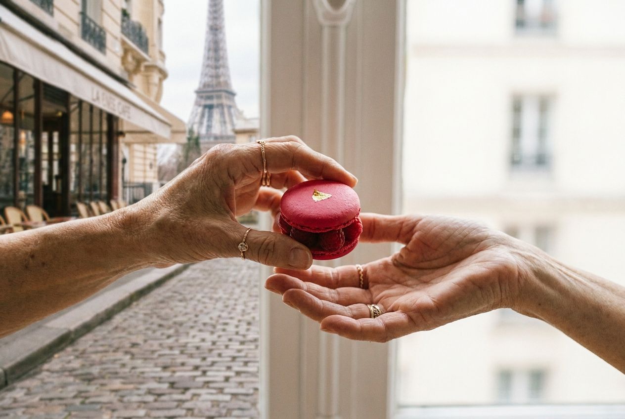 A striking close-up photograph of two hands, one gracefully offering a vibrant, single mac macaron to the other, captured in soft, natural light with the blurred romantic backdrop of a Parisian street scene, composed for a 3:2 landscape frame.