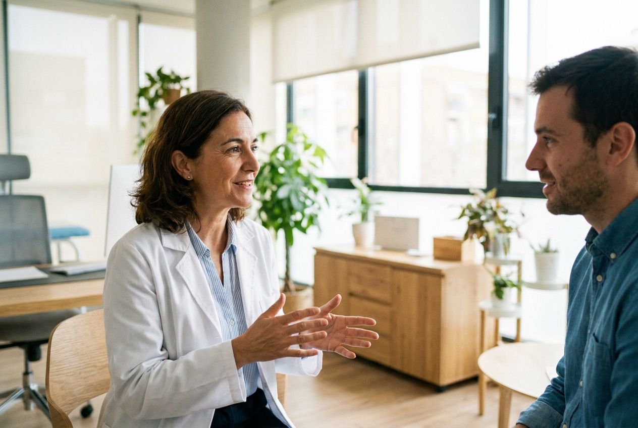 A compassionate female doctor of Spanish descent, wearing a white coat, gently explaining a diagnosis to a concerned patient in a bright, modern medical office. The doctor's hands are gesturing reassuringly, and the patient is listening intently, a sense of relief starting to show on their face, all captured with soft, natural light in a 3:2 landscape photograph.