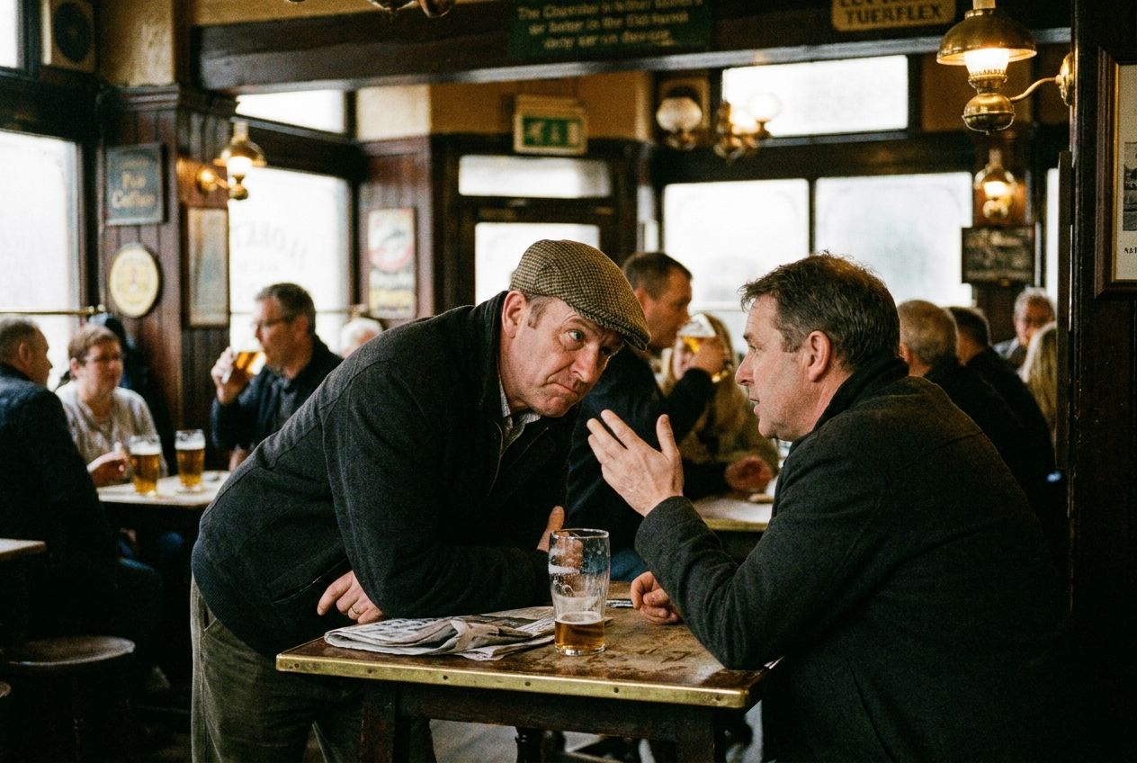 A candid, dramatic close-up photograph of two friends conversing animatedly in a bustling, warmly lit traditional British pub. One friend leans in slightly, their eyes focused intently on the speaker with a subtle, questioning expression, suggesting they are trying to catch every word amidst the lively background chatter. The scene is rich with authentic British pub atmosphere, composed for a 3:2 landscape frame.