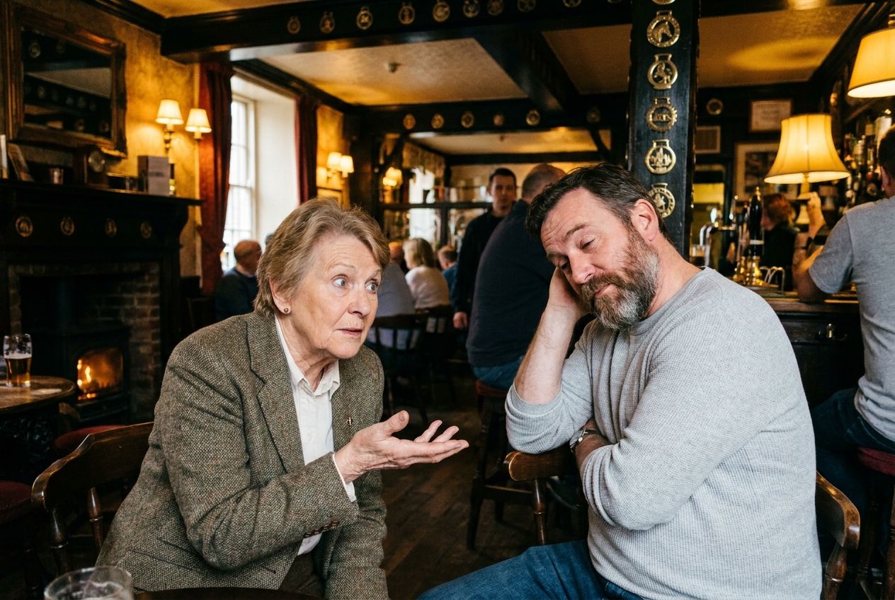 A vibrant, candid photograph of two people engaged in conversation inside a cozy, traditional British pub. One person is leaning forward with an inquisitive expression and an open hand gesture, while the other is leaning back slightly, giving a subtle, thoughtful head shake, implying a negative response or a counter-question. Warm, inviting lighting, 3:2 landscape.