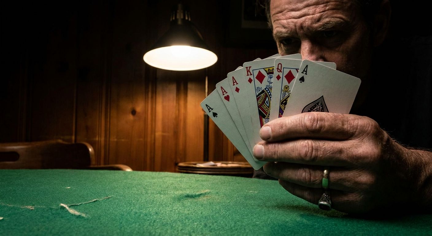 A dramatic, close-up photograph of a bridge player's hand, holding several high-value cards including multiple Aces, poised above the felt table. The player's focused expression is partially visible, hinting at intense strategic thinking and the high stakes of a potential slam bid, captured with sophisticated, chiaroscuro lighting.