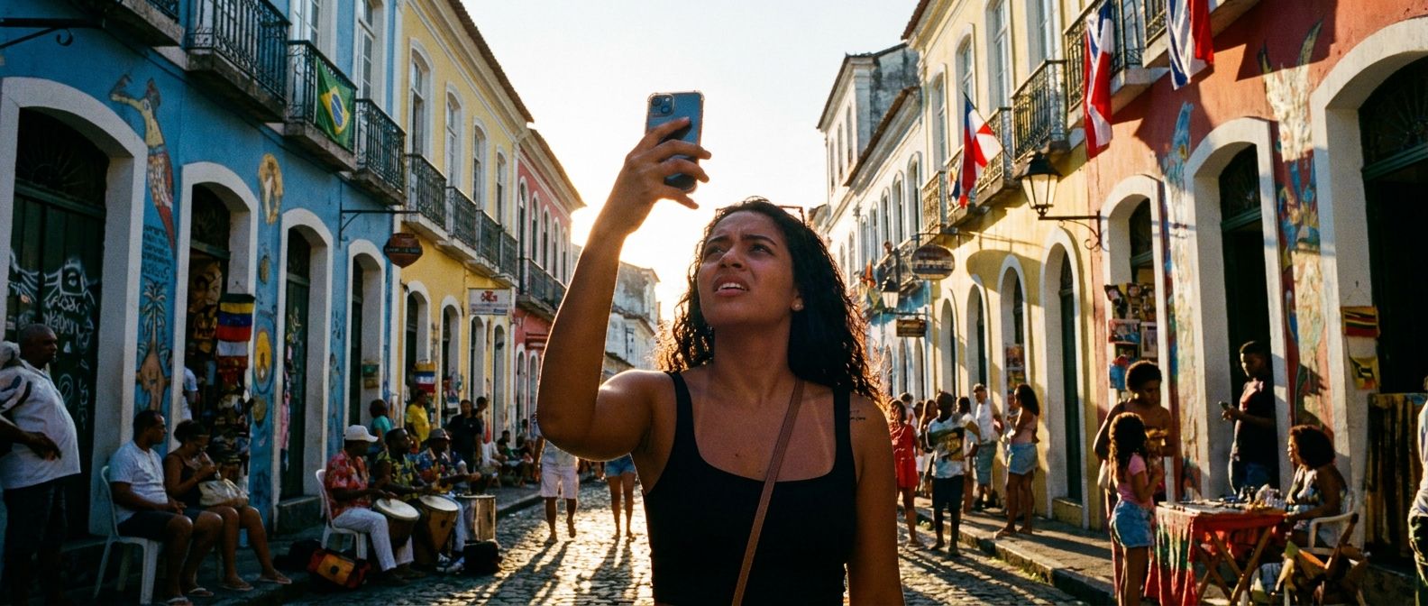 A dramatic, wide-angle photograph of a young Brazilian woman standing on a vibrant, colorful street in Salvador, Bahia, holding her smartphone up as if searching for a signal. The late afternoon sun casts long shadows, highlighting the intricate colonial architecture and the lively street life around her, creating a striking contrast between her digital search and the rich cultural environment.