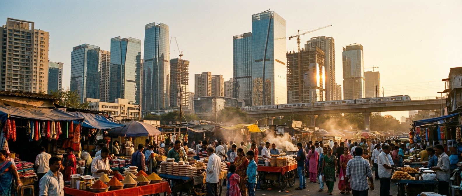 A dramatic wide-angle photograph of a bustling street scene in a vibrant, rapidly developing city like Mumbai or Shanghai. In the foreground, a lively informal market with street vendors and traditional elements, while in the mid-ground and background, sleek modern skyscrapers and infrastructure rise, bathed in the warm glow of late afternoon sun. The scene is full of diverse people and dynamic activity, capturing the essence of a changing economic landscape.
