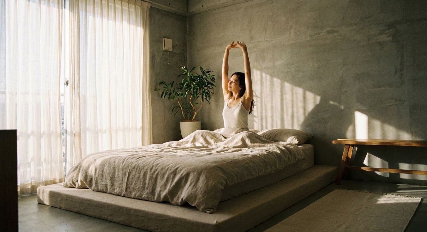 This is a brightly lit, minimalist interior photograph. A young, light-skinned woman in a white tank top is sitting on a low platform bed, stretching her arms overhead. The bed is covered in a beige linen duvet. A large window with sheer white curtains fills the left side of the frame, casting soft light across the room. The walls are a cool, mottled grey concrete. A potted plant sits near the head of the bed, and a simple wooden bench is against the right wall. The overall color palette is neutral and calming. The style evokes a sense of peacefulness and serenity. The composition is centered on the woman, creating a focal point within the simple setting.