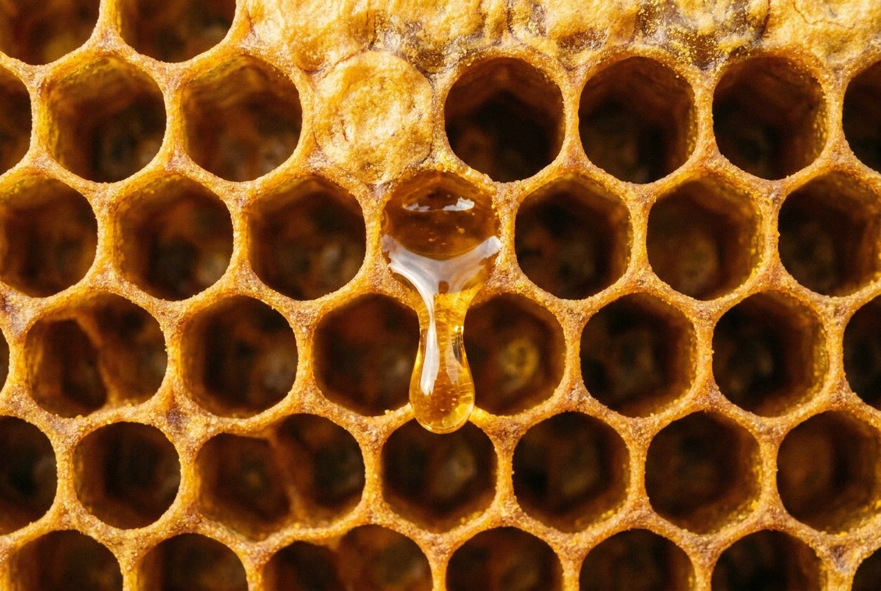 An extreme close-up photograph of a vibrant, golden honeycomb, with a single drop of honey slowly dripping from one of the hexagonal cells. The intricate, repeating geometric patterns of the six-sided cells fill the 3:2 landscape frame, bathed in warm, natural light.