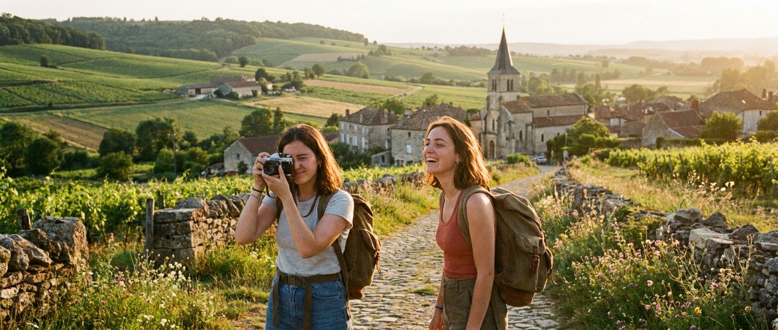 A wide, horizontal shot of two friends hiking on a scenic path in the French countryside during golden hour, with a charming distant village nestled among rolling hills. One person is holding a camera, capturing the picturesque view, while the other smiles, enjoying the moment and the warm, inviting light.