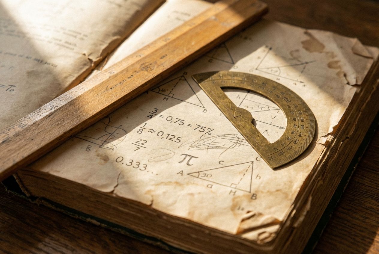 A close-up shot of a protractor and a ruler resting on top of a weathered math textbook, with various fractions, decimals, and percentages scribbled in pencil in the margins around them. The scene is lit with warm, inviting sunlight.