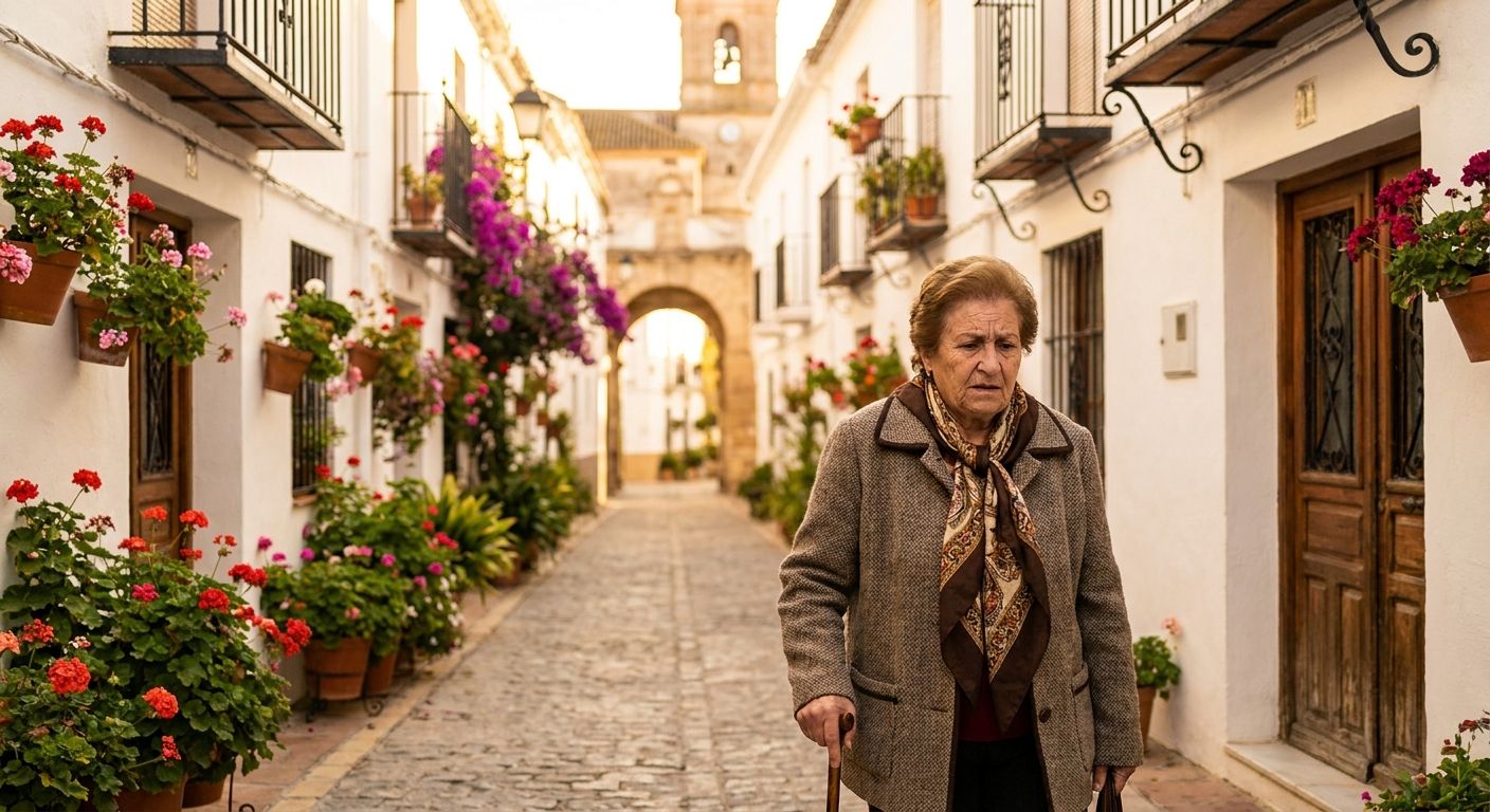 A dignified older Spanish woman, with a thoughtful and reflective expression, walks slowly down a sun-drenched, winding cobblestone street in a historic Andalusian town. The street is lined with whitewashed buildings and vibrant potted flowers, leading into the distance, symbolizing a life's journey, captured in a vivid, realistic photograph.