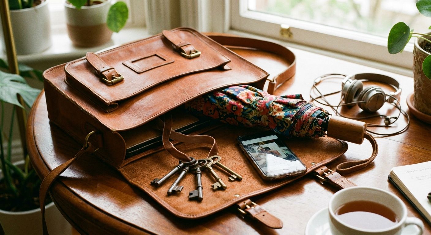A vibrant, warm-toned photograph of a collection of distinct personal items: a vintage leather satchel, a colorful patterned umbrella, a set of antique keys, and a modern smartphone, artfully arranged on a polished wooden table, bathed in soft natural light, suggesting individual ownership.