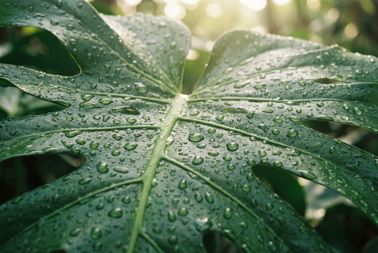 A dramatic, close-up photograph of a large, vibrant green leaf after a rain shower. Tiny, perfectly spherical water droplets bead on its waxy surface, reflecting the soft sunlight filtering through a lush canopy. The intricate network of veins is clearly visible, hinting at the internal transport systems, composed for a 3:2 landscape.