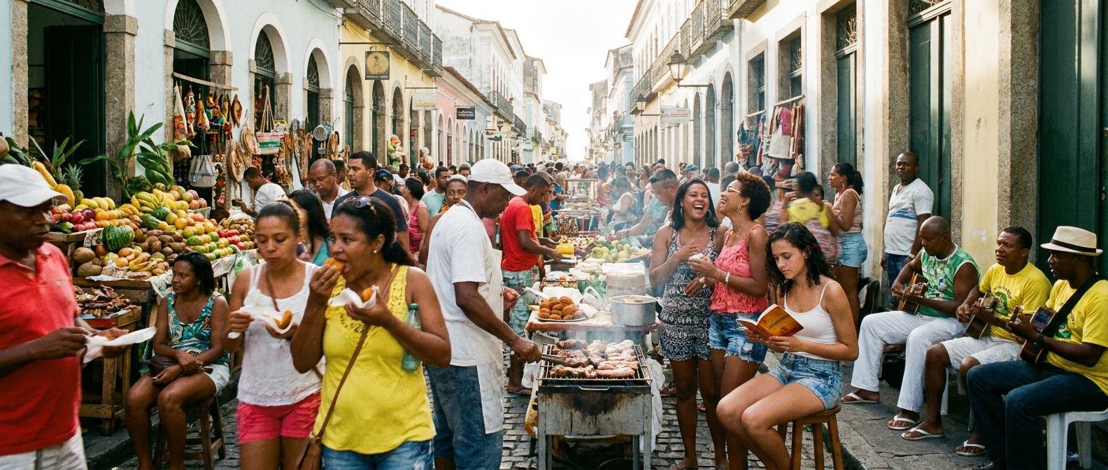 A wide, dynamic photograph of a bustling, vibrant Brazilian street market on a sunny day. Diverse people are engaged in various simultaneous activities: some are eating delicious street food, others are speaking animatedly, a vendor is working at their stall, and someone is reading a book. The scene is full of life and vivid colors, capturing the essence of ongoing actions in Brazil.