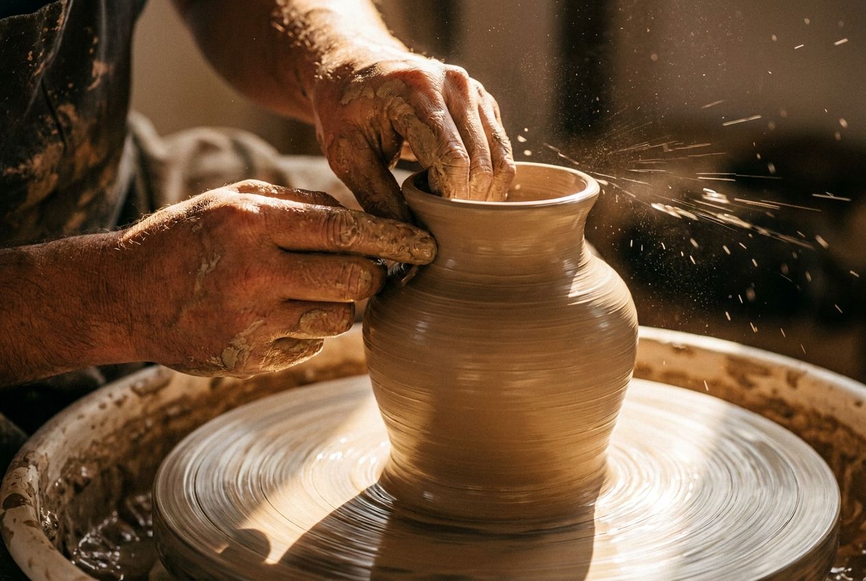 A dramatic, sun-drenched close-up photograph of a potter's hands expertly shaping wet clay on a spinning wheel, capturing the fluid, continuous motion and the evolving form of the pottery in a 3:2 landscape frame.