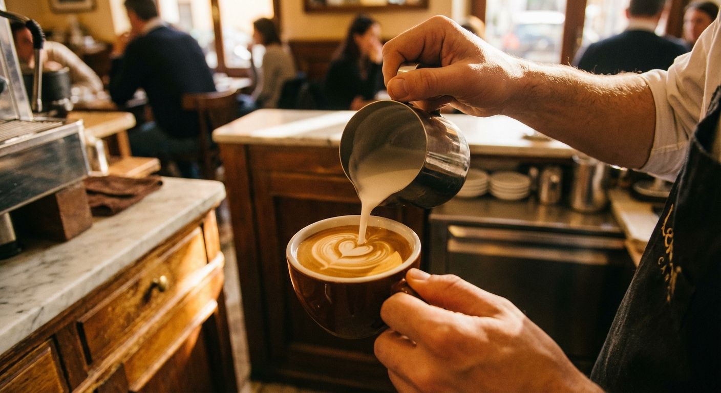A close-up photograph of a skilled barista's hands pouring creamy steamed milk into a ceramic cup of dark Italian espresso, creating a delicate heart-shaped latte art pattern as the two liquids merge. The lighting is warm and cinematic, highlighting the silky texture of the coffee in a cozy, sun-drenched Roman cafe.
