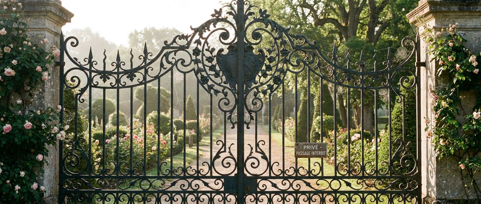 A grand, ornate wrought-iron gate, clearly closed, stands elegantly before a lush, sun-dappled French garden path, symbolizing a gentle "no entry" or "not beyond this point". The scene is bathed in soft morning light, captured in a wide, horizontal frame.