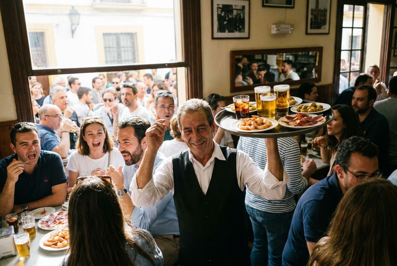A vibrant, candid photograph of a Spanish `camarero` (waiter) expertly navigating a bustling, sun-drenched tapas bar in Seville, Spain, carrying a tray of drinks and small plates. The scene is full of life and warm light, capturing the authentic energy of a working environment in a 3:2 landscape frame.