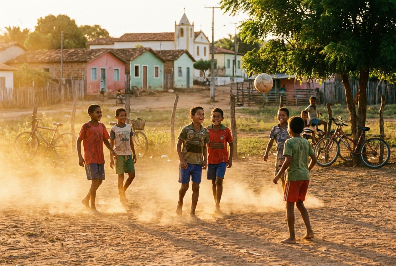 A vibrant photograph captures a group of Brazilian children joyfully playing football on a dusty 'campinho' in a small, sun-drenched countryside town, with bicycles scattered nearby. The scene evokes a nostalgic, carefree childhood, bathed in warm golden hour light with a shallow depth of field, composed for a 3:2 landscape frame.
