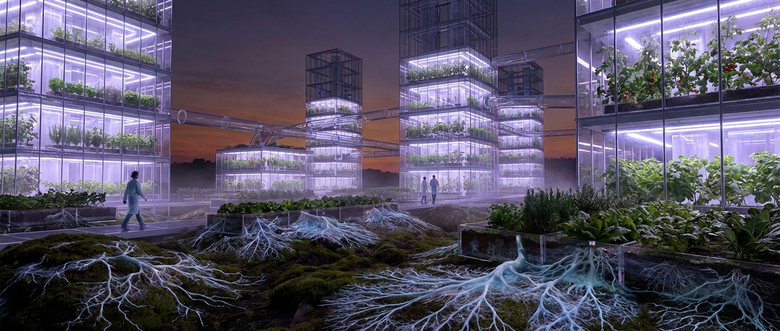 A wide-angle, cinematic photograph of a futuristic, multi-tiered vertical farm, bathed in the soft glow of LED grow lights, showcasing abundant, vibrant green crops. In the foreground, intricate, almost ethereal patterns of cultivated mycelium subtly emerge, representing biotechnological food innovation.