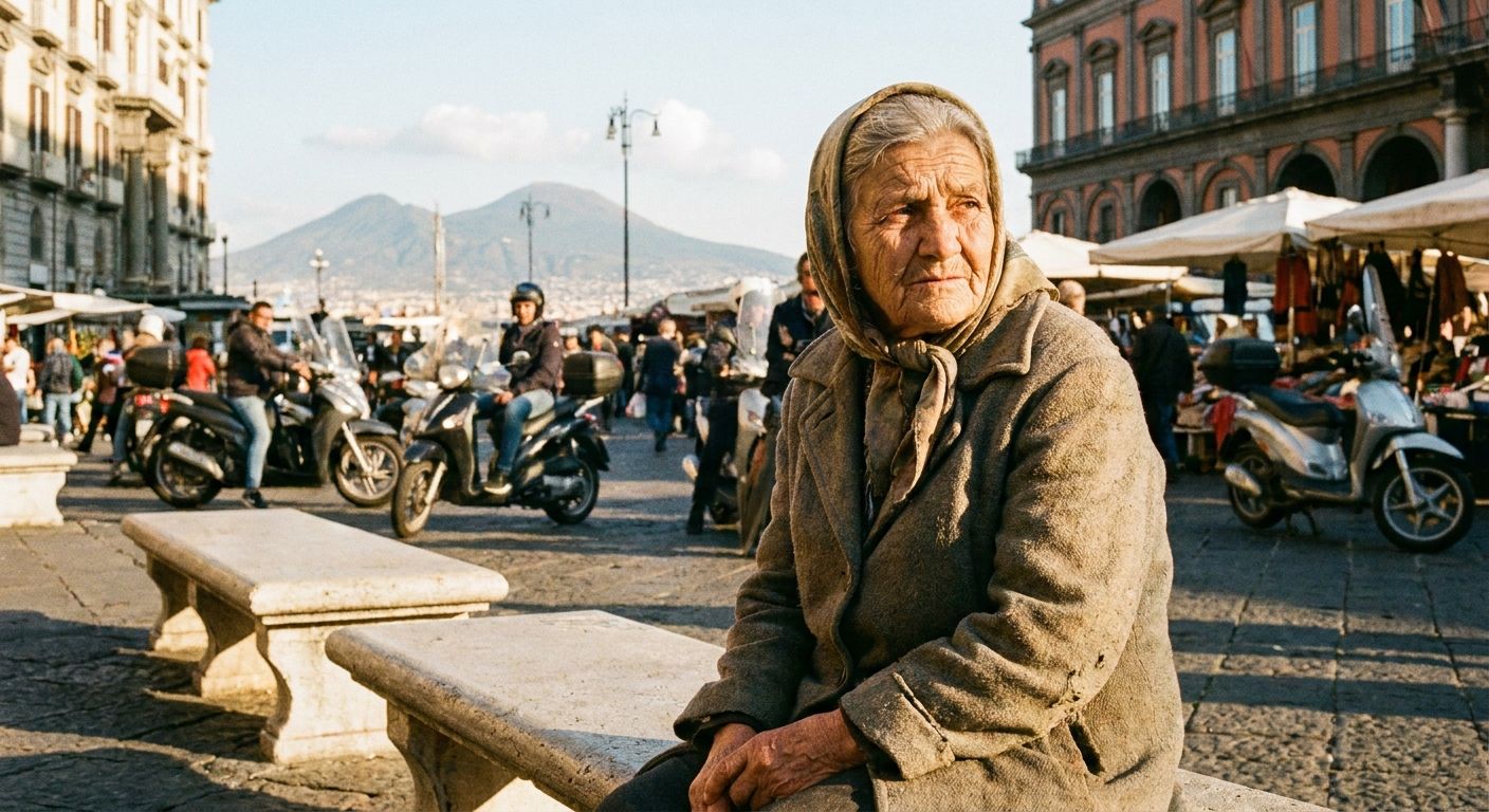 An elderly Italian woman sits on a bench in a sun-drenched historic piazza in Naples. She looks thoughtfully into the distance, her face showing a lifetime of stories, while the vibrant, timeless activity of the piazza unfolds around her in the background, bathed in warm, golden light.
