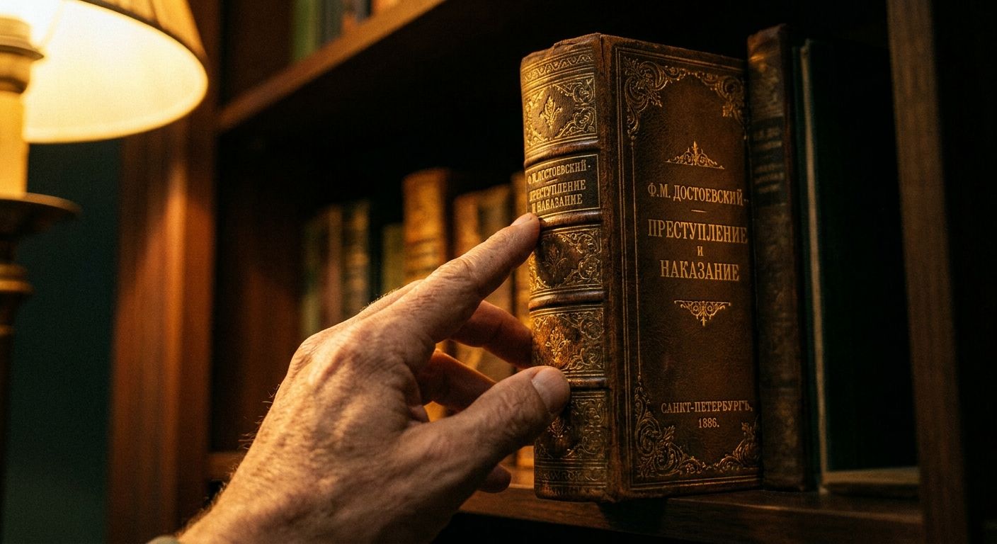 A close-up, low-angle shot captures a person's hand gently touching the spine of a specific, richly bound antique Russian novel on a dark wooden bookshelf. Warm, atmospheric light highlights the book's tactile cover, making it stand out from the softly blurred rows of other books.